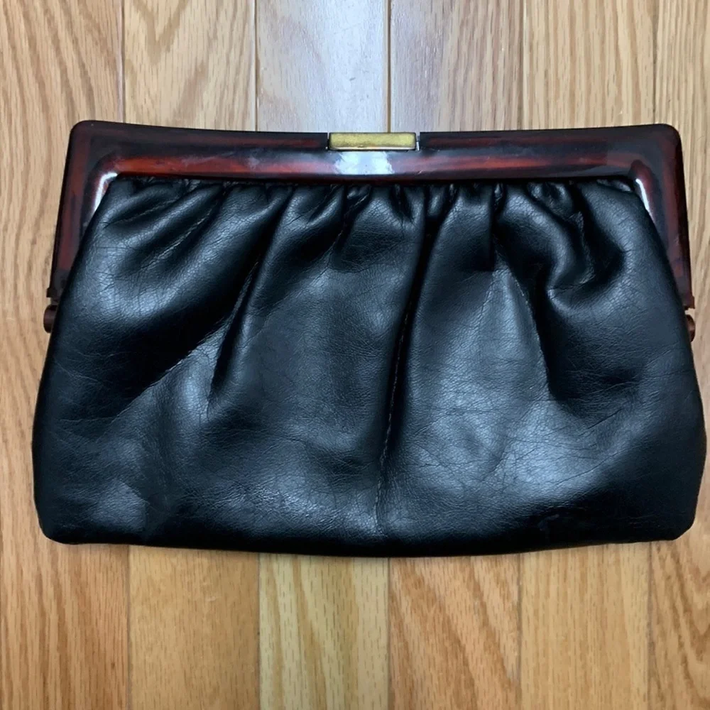 Vintage Black Squishy Leather Lucite Clutch
